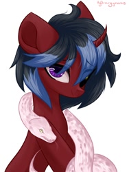 Size: 900x1200 | Tagged: dead source, safe, artist:mysha, oc, oc only, pony, python, snake, unicorn, curved horn, cute, danger noodle, horn, looking at you, pet, smiling, snek, solo