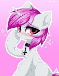 Size: 1000x1300 | Tagged: dead source, safe, artist:mysha, oc, oc only, oc:blossom, pony, unicorn, blushing, collar, cross, inverted cross, lidded eyes, looking at you, smiling, solo, sparkles
