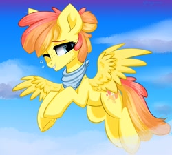 Size: 1500x1350 | Tagged: dead source, safe, artist:mysha, oc, oc only, pegasus, pony, ascot, cloud, flying, one eye closed, solo, sparkles, spread wings, wings, wink
