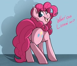 Size: 2284x1968 | Tagged: safe, artist:modularpon, artist:themodpony, pinkie pie, earth pony, pony, g4, balloonbutt, butt, cute, dialogue, diapinkes, female, looking back, mare, open mouth, plot, rear view, solo