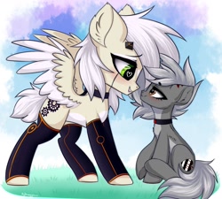 Size: 1500x1350 | Tagged: dead source, safe, artist:mysha, oc, oc only, earth pony, pegasus, pony, blushing, choker, clothes, eye contact, heart, heart eyes, lidded eyes, looking at each other, size difference, smiling, socks, spread wings, thigh highs, underhoof, wingding eyes, wings