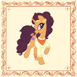 Size: 2048x2048 | Tagged: safe, artist:pfeffaroo, saffron masala, pony, unicorn, g4, spice up your life, clothes, ear piercing, earring, female, frame, high res, jewelry, looking at you, mare, open mouth, piercing, raised hoof, smiling, solo, standing, turned head