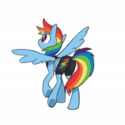 Size: 2048x2048 | Tagged: safe, artist:pfeffaroo, rainbow dash, pegasus, pony, g4, clothes, female, high res, mare, midriff, shorts, simple background, solo, sports shorts, spread wings, white background, wings