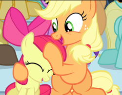 Size: 923x723 | Tagged: safe, screencap, apple bloom, applejack, earth pony, pony, equestria games (episode), g4, adorabloom, apple sisters, cropped, cute, duo, eyes closed, female, jackabetes, noogie, open mouth, siblings, sisters, sitting, smiling