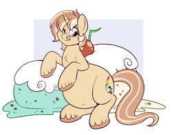 Size: 1039x819 | Tagged: safe, artist:lulubell, oc, oc only, oc:lulubell, pony, unicorn, ;p, belly, belly button, big belly, chubby, commission, cute, female, food, freckles, ice cream, mare, one eye closed, tongue out, ych result