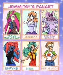 Size: 1080x1291 | Tagged: safe, artist:jemmitsy, applejack, fish, gem (race), human, equestria girls, g4, my little pony equestria girls: better together, camp camp, child, clothes, crossover, disguise, disguised diamond, eyepatch, female, fusion, gem, gem fusion, hand on hip, hat, jessica (rick and morty), monster, monster high, nikki (camp camp), overalls, pearl, piscine, plant, quartz, rainbow quartz (steven universe), rick and morty, rooster teeth, rose quartz (gemstone), six fanarts, smiling, steven universe, teenager, undertale, undyne, venus mcflytrap