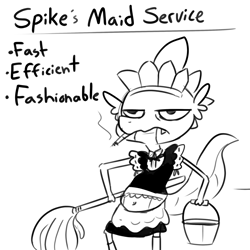 Size: 2250x2250 | Tagged: safe, artist:tjpones, part of a set, spike, dragon, g4, belly button, black and white, bucket, cigarette, clothes, crossdressing, grayscale, high res, maid, maid headdress, monochrome, mop, simple background, smoking, solo, white background