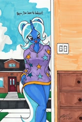 Size: 1969x2910 | Tagged: safe, artist:newyorkx3, trixie, unicorn, anthro, g4, alternate hairstyle, babysitter trixie, bedroom eyes, bottomless, clothes, door, female, hoodie, house, looking at you, open mouth, partial nudity, solo, traditional art