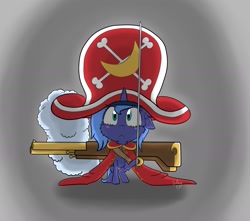 Size: 1993x1762 | Tagged: safe, artist:shinycyan, princess luna, alicorn, pony, g4, cute, determined, female, filly, fluffy, gun, hat, lunabetes, one piece, one piece film: z, pirate, pirate hat, pirate outfit, solo, sword, tony tony chopper, weapon, woona, younger