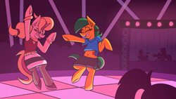 Size: 3840x2160 | Tagged: safe, artist:cowsrtasty, oc, oc:blocky bits, oc:melody bash, earth pony, pony, unicorn, clothes, club, commission, concert, dancing, detailed background, earth pony oc, happy, high res, horn, nightclub, rave, stage, unicorn oc