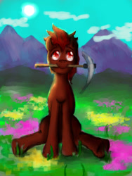 Size: 2121x2828 | Tagged: safe, artist:melod-va, artist:melodybell, oc, oc only, oc:mars miner, pony, day, high res, mountain, mouth hold, pickaxe, scenery, solo