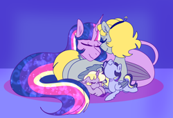 Size: 2048x1397 | Tagged: safe, artist:cubbybatdoodles, derpy hooves, dinky hooves, twilight sparkle, oc, alicorn, pegasus, pony, unicorn, g4, daughter, equestria's best daughter, equestria's best mother, female, filly, leonine tail, lesbian, magical lesbian spawn, mare, mother, mother and child, mother and daughter, offspring, parent:derpy hooves, parent:ditzy doo, parent:ponet, parent:twilight sparkle, parents:ponetderp, parents:twerpy, ship:twerpy, shipping, twilight sparkle (alicorn), wife, wives