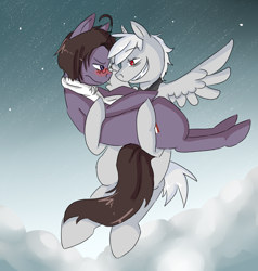 Size: 834x876 | Tagged: safe, artist:ask-pony-gerita, oc, earth pony, pegasus, pony, blushing, bridal carry, carrying, clothes, cloud, female, flying, glasses, grin, hetalia, holding a pony, looking at each other, male, night, ponified, scarf, smiling, stars, straight, unamused