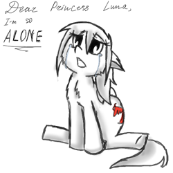 Size: 500x500 | Tagged: safe, artist:askponybrandenburg, pegasus, pony, ask, bored, brandenburg, chest fluff, crying, hetalia, implied princess luna, lonely, looking up, partial color, ponified, sitting, solo, talking