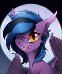 Size: 2500x3000 | Tagged: safe, artist:mithriss, oc, oc only, oc:stormy night, bat pony, bat pony oc, bat wings, high res, moon, smiling at you, wings
