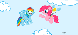 Size: 1024x462 | Tagged: safe, artist:melanie-violet, pinkie pie, rainbow dash, earth pony, pegasus, pony, g4, balloon, cloud