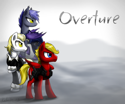 Size: 1920x1604 | Tagged: safe, artist:dawnmistpony, oc, oc only, oc:agent bentgrass, oc:fleethoof, oc:midnight dasher, bat pony, fanfic:overture, fanfic, fanfic art, fanfic cover, gun, military, weapon