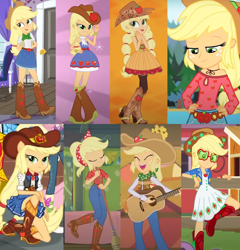Size: 1111x1157 | Tagged: safe, edit, screencap, applejack, equestria girls, equestria girls specials, festival filters, five to nine, friendship through the ages, g4, my little pony equestria girls, my little pony equestria girls: better together, my little pony equestria girls: dance magic, my little pony equestria girls: legend of everfree, bare shoulders, beautiful, boots, camp fashion show outfit, clothes, collage, cowboy boots, cowboy hat, cowgirl, cowgirl outfit, cowgirl style, cute, dance magic (song), hat, jackabetes, music festival outfit, shoes, sleeveless, strapless, this is our big night