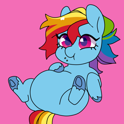 Size: 2000x2000 | Tagged: artist needed, source needed, safe, rainbow dash, pegasus, pony, g4.5, my little pony: pony life, belly, big belly, crumbs, fat, female, high res, hoof on belly, mare, on back, rainblob dash, smiling, solo, spread legs, spreading, underhoof, unshorn fetlocks