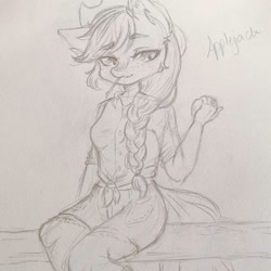 Size: 1080x1080 | Tagged: dead source, safe, artist:mayguay, applejack, earth pony, anthro, g4, braid, clothes, female, hat, lineart, shorts, sitting, solo, straw in mouth, text, traditional art