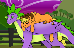 Size: 3164x2062 | Tagged: safe, artist:bella-pink-savage, applejack, spike, dragon, earth pony, pony, g4, applejack riding spike, bags under eyes, eyes closed, female, fence, high res, male, mare, older, older spike, ponies riding dragons, prone, riding, ship:applespike, shipping, sleeping, straight, tired, winged spike, wings