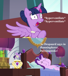 Size: 1280x1440 | Tagged: safe, edit, edited screencap, editor:korora, screencap, starlight glimmer, twilight sparkle, alicorn, pony, a royal problem, g4, ballerina, double facehoof, facehoof, faic, gilbert and sullivan, hyperventilating, ruddigore, speech, talking, tutu, twilarina, twilight sparkle (alicorn), twilighting, unsound effect