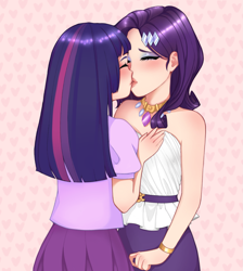 Size: 1833x2048 | Tagged: safe, artist:haharii, kotobukiya, rarity, twilight sparkle, human, g4, abstract background, bare shoulders, belt, clothes, dress, duo, duo female, eyeshadow, female, hairclip, humanized, jewelry, kissing, kotobukiya rarity, kotobukiya twilight sparkle, lesbian, makeup, necklace, ship:rarilight, shipping, shirt, skirt, sleeveless, strapless