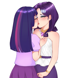 Size: 1833x2048 | Tagged: safe, artist:haharii, kotobukiya, rarity, twilight sparkle, human, g4, bare shoulders, belt, clothes, dress, duo, duo female, eyeshadow, female, hairclip, humanized, jewelry, kiss on the lips, kissing, kotobukiya rarity, kotobukiya twilight sparkle, lesbian, makeup, necklace, ship:rarilight, shipping, shirt, skirt, sleeveless, strapless