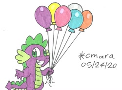 Size: 1009x745 | Tagged: safe, artist:cmara, spike, dragon, g4, balloon, grin, male, smiling, solo, traditional art