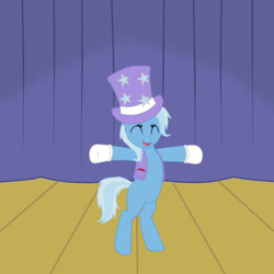 Size: 700x700 | Tagged: safe, artist:marim87, trixie, pony, unicorn, g4, bipedal, clothes, cute, diatrixes, eyes closed, female, gloves, happy, hat, mare, solo, stage, top hat, vest