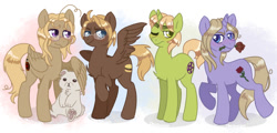 Size: 1283x615 | Tagged: safe, artist:daxratchet, bear, pegasus, pony, unicorn, flower in mouth, glasses, hetalia, hug, one eye closed, paw pads, paws, ponified, raised hoof, rose, rose in mouth, sitting, smiling, underpaw, winghug, wink