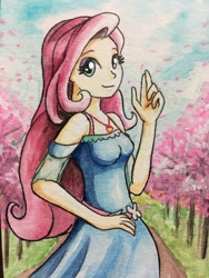 Size: 900x1200 | Tagged: safe, artist:astevenamedwolf, fluttershy, equestria girls, g4, my little pony equestria girls: better together, female, geode of fauna, looking at you, magical geodes, smiling, solo, traditional art, tree