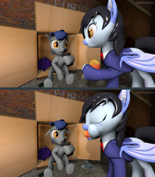 Size: 1279x1458 | Tagged: safe, artist:batponyecho, oc, oc only, oc:echo, oc:mitzy, bat pony, pony, 3d, about to cry, alley, bat pony oc, bat wings, box, can, clothes, comic, cruel, duo, eating, female, food, herbivore, homeless, mango, mare, nope, poor, pure unfiltered evil, sad, source filmmaker, spread wings, wings