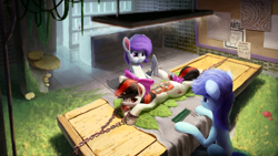 Size: 2155x1212 | Tagged: safe, artist:smg11ddj, oc, oc:blackjack, oc:morning glory (project horizons), oc:p-21, pegasus, pony, unicorn, fallout equestria, fallout equestria: project horizons, apple, bondage, chains, concept art, fanfic art, food, horn, misleading thumbnail, nyotaimori, small horn, sushi, wing hands, wings