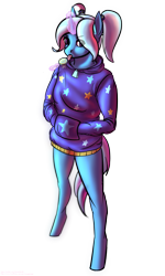 Size: 3000x5000 | Tagged: safe, artist:novaastralis, trixie, unicorn, anthro, unguligrade anthro, g4, alternate hairstyle, babysitter trixie, candy, clothes, female, food, glowing horn, hand in pocket, hoodie, horn, levitation, lollipop, magic, mare, simple background, solo, telekinesis, tongue out, transparent background