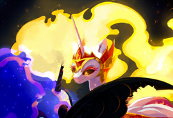 Size: 1280x874 | Tagged: safe, artist:nusen, daybreaker, nightmare moon, alicorn, pony, g4, duo, evil sisters, fangs, female, looking at each other, mane of fire, mare, three quarter view
