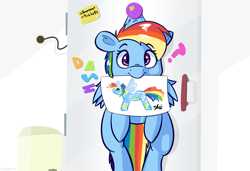 Size: 2100x1440 | Tagged: safe, artist:fuzzypones, rainbow dash, pegasus, pony, g4, cute, dashabetes, drawing, female, hanging, implied boop, magnet, refrigerator, scruff, scruffed, solo