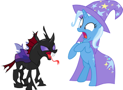 Size: 4109x3000 | Tagged: safe, artist:cloudy glow, pharynx, trixie, changeling, pony, unicorn, g4, to change a changeling, bipedal, fangs, female, forked tongue, high res, male, mare, screaming, shocked expression, simple background, tongue out, transparent background, vector