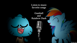 Size: 2560x1440 | Tagged: safe, artist:faze-alan-mskull2019, rainbow dash, cat, pegasus, pony, anthro, g4, anthro with ponies, crossover, duo, duo male and female, female, gumball watterson, karaoke, male, mare, singing, text, the amazing world of gumball