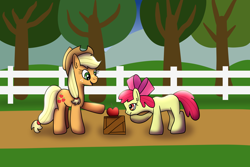 Size: 2048x1365 | Tagged: safe, artist:platinumdrop, apple bloom, applejack, g4, apple, food