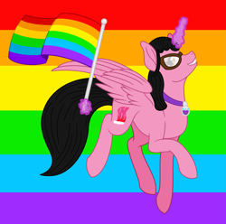 Size: 2537x2521 | Tagged: safe, artist:8-bitspider, artist:elementbases, artist:user15432, oc, oc only, oc:aaliyah, alicorn, pony, aaliyah, amulet, base used, flag, flag pole, flag waving, gay pride, gay pride flag, glasses, glowing, glowing horn, high res, horn, jewelry, looking at you, magic, magic aura, necklace, ponified, pride, pride flag, pride month, rainbow, rainbow flag, smiling, solo