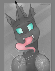 Size: 1553x1986 | Tagged: safe, artist:darklight1315, thorax, changeling, g4, against glass, cracked glass, glass, licking window, long tongue, looking at you, male, quadrupedal, solo, tongue out, underhoof