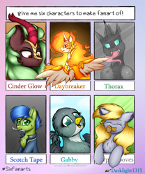 Size: 1785x2144 | Tagged: safe, artist:darklight1315, cinder glow, daybreaker, derpy hooves, gabby, summer flare, thorax, oc, oc:scotch tape, alicorn, changeling, earth pony, griffon, kirin, pegasus, pony, g4, armor, food, glass, mouth hold, muffin, six fanarts, wing armor, wrench