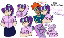 Size: 2000x1191 | Tagged: safe, sci-twi, starlight glimmer, sunburst, twilight sparkle, human, equestria girls, g4, my little pony equestria girls: better together, alternate hairstyle, clothes, dark skin, egalitarianism, equestria girls-ified, female, glasses, humanized, male, s5 starlight, ship:starburst, shipping, shirt, skirt, straight