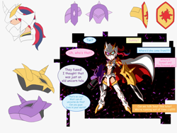 Size: 3600x2700 | Tagged: safe, artist:ironmatt1995, sunset shimmer, twilight sparkle, human, equestria girls, g4, cape, clothes, concept art, digimon, fusion, high res, horn, horned humanization, humanized, omnimon, sword, text, weapon
