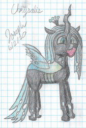 Size: 2071x3069 | Tagged: safe, artist:solder point, queen chrysalis, changeling, g4, colored, crown, cute, cutealis, female, graph paper, happy, heart, high res, jewelry, mouth hold, regalia, signature, smiling, solo, standing, traditional art