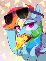 Size: 1100x1450 | Tagged: safe, artist:hakkerman, rainbow dash, pegasus, pony, g4, chest fluff, ear fluff, eyebrows, eyebrows visible through hair, female, food, mare, mouth hold, pizza, slice of pizza, solo, sunglasses, that pony sure does love pizza, tomato