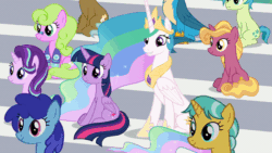 Size: 600x338 | Tagged: safe, edit, screencap, citrine spark, clever musings, cloudburst, daisy, fire flicker, flower wishes, gallus, princess celestia, sandbar, starlight glimmer, twilight sparkle, alicorn, earth pony, pegasus, pony, unicorn, 2 4 6 greaaat, g4, animated, background pony, female, friendship student, gif, majestic as fuck, male, mare, reversed, this will end in deafness, traditional royal canterlot voice, twilight sparkle (alicorn)