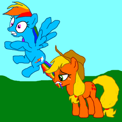 Size: 1080x1080 | Tagged: safe, artist:nopony, applejack, rainbow dash, earth pony, pegasus, pony, g4, 1000 hours in ms paint, atg 2020, biting, duo, female, mare, newbie artist training grounds, tail bite