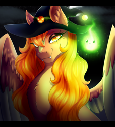 Size: 1759x1932 | Tagged: safe, artist:_ladybanshee_, oc, oc only, oc:pumpkin punch, pegasus, pony, fangs, hat, nightmare night, solo, spooky, wisp, witch, witch hat
